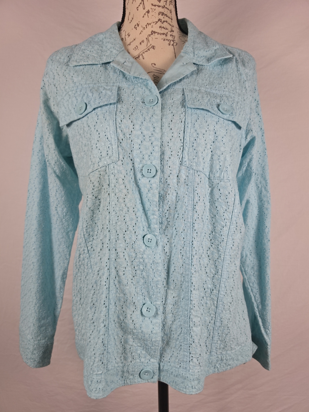 Denim & Co. Light Blue Eyelet Button Front Shirt Jacket - Medium